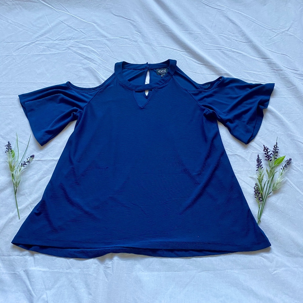 Navy Keyhole Top with Cold Shoulder Sleeves